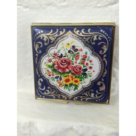 Vintage Floral Compact Case: Blue Trinket Pill Box - Picture 2 of 6